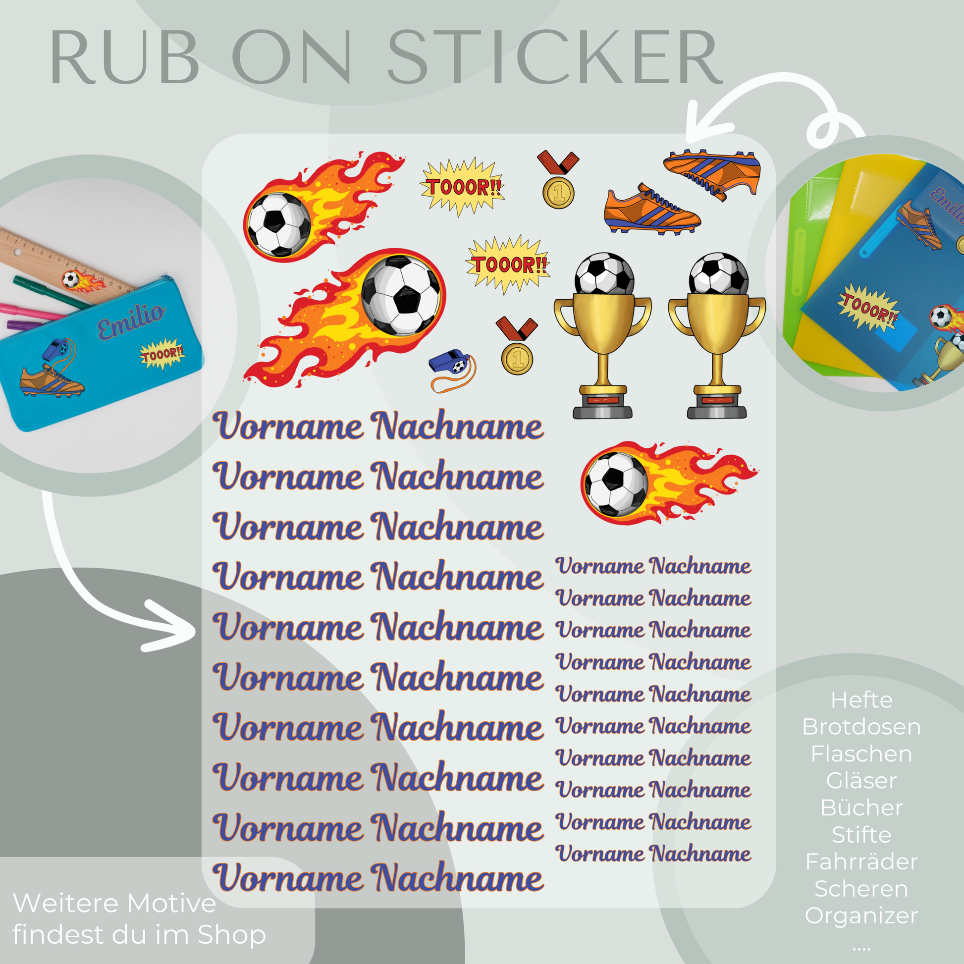 Personalisierbare Rub-On Sticker Sets mit Fußball-Motiv.