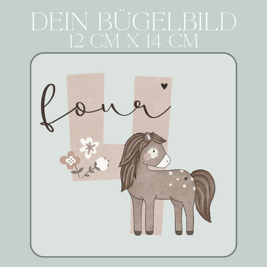 Geburtstagszahl 4 mit Pferd - Maxi Bügel-Bild Bügelbild Eigenproduktion