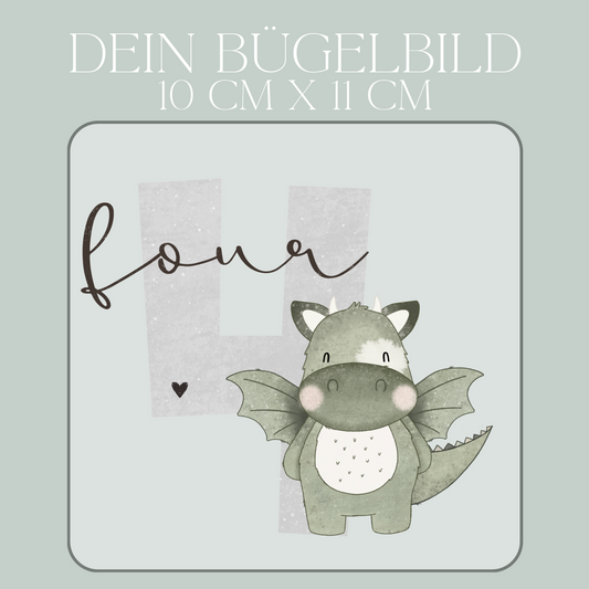 Geburtstagszahl 4 mit Drache - Mini Bügel-Bild Bügelbild Eigenproduktion