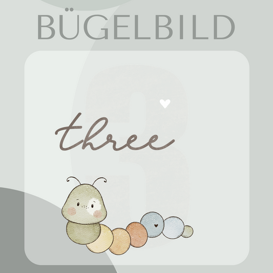 Bügelbild Geburtstagszahl 3 mit Raupe 