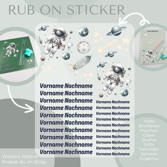Personalisierte Rub-On Sticker Sets mit Astronauten-Motiv.