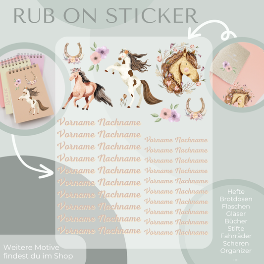 Personalisierte Rub-On Sticker Sets mit Pferde-Motiv.