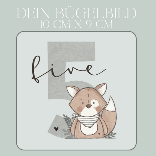 Geburtstagszahl 5 mit Fuchs Junge - Mini Bügel-Bild Bügelbild Eigenproduktion