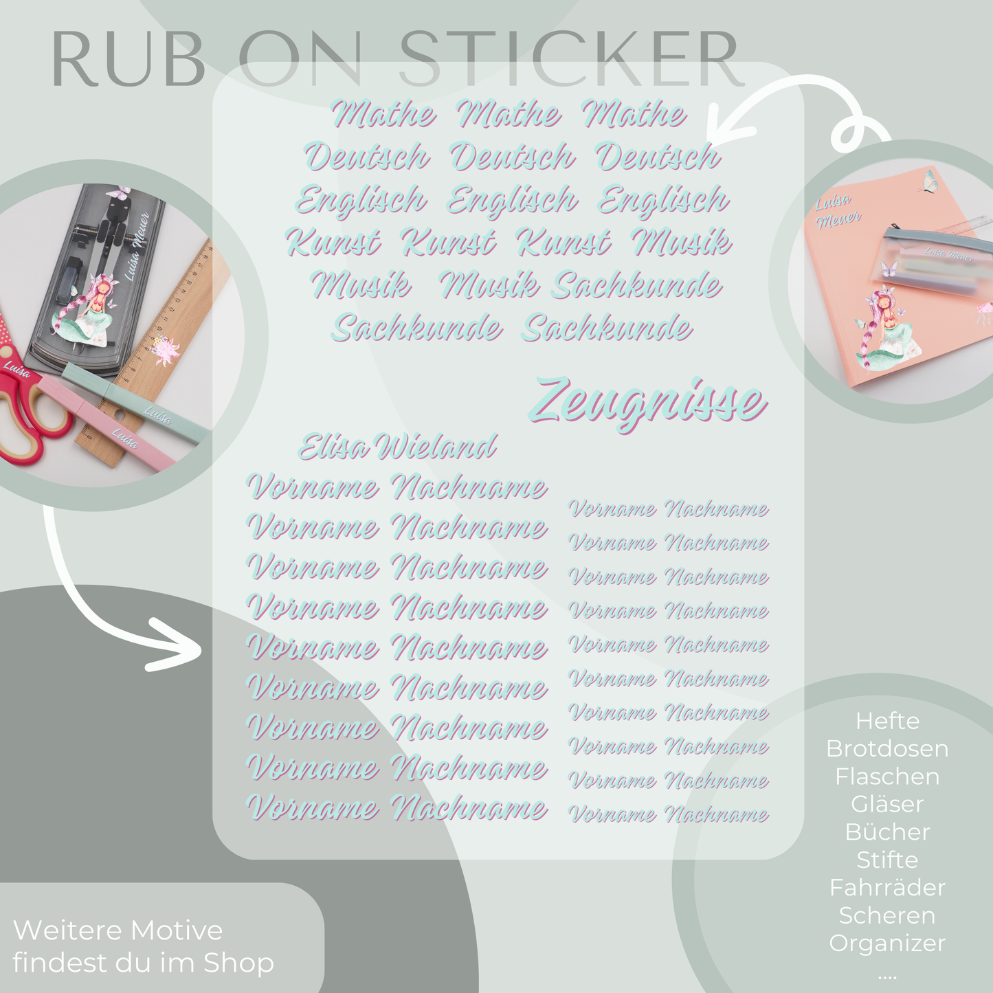 Meerjungfrau II Rub-On Sticker Set personalisierbar