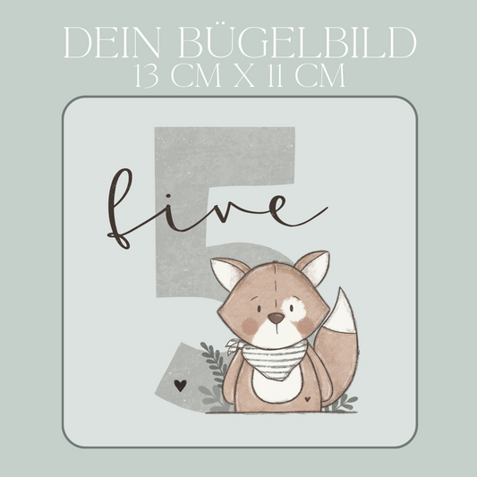 Geburtstagszahl 5 mit Fuchs Junge - Maxi Bügel-Bild Bügelbild Eigenproduktion