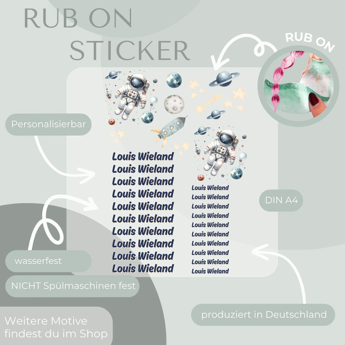 Personalisierte Rub-On Sticker mit Astronauten Motiv.