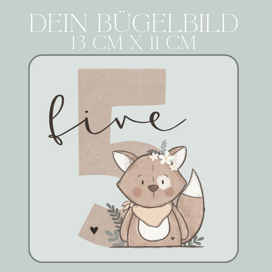 Geburtstagszahl 5 mit Fuchs Mädchen - Maxi Bügel-Bild Bügelbild Eigenproduktion