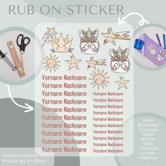 Personalisierte Rub-On Sticker Sets mit Einhorn und Kronen Motiv.