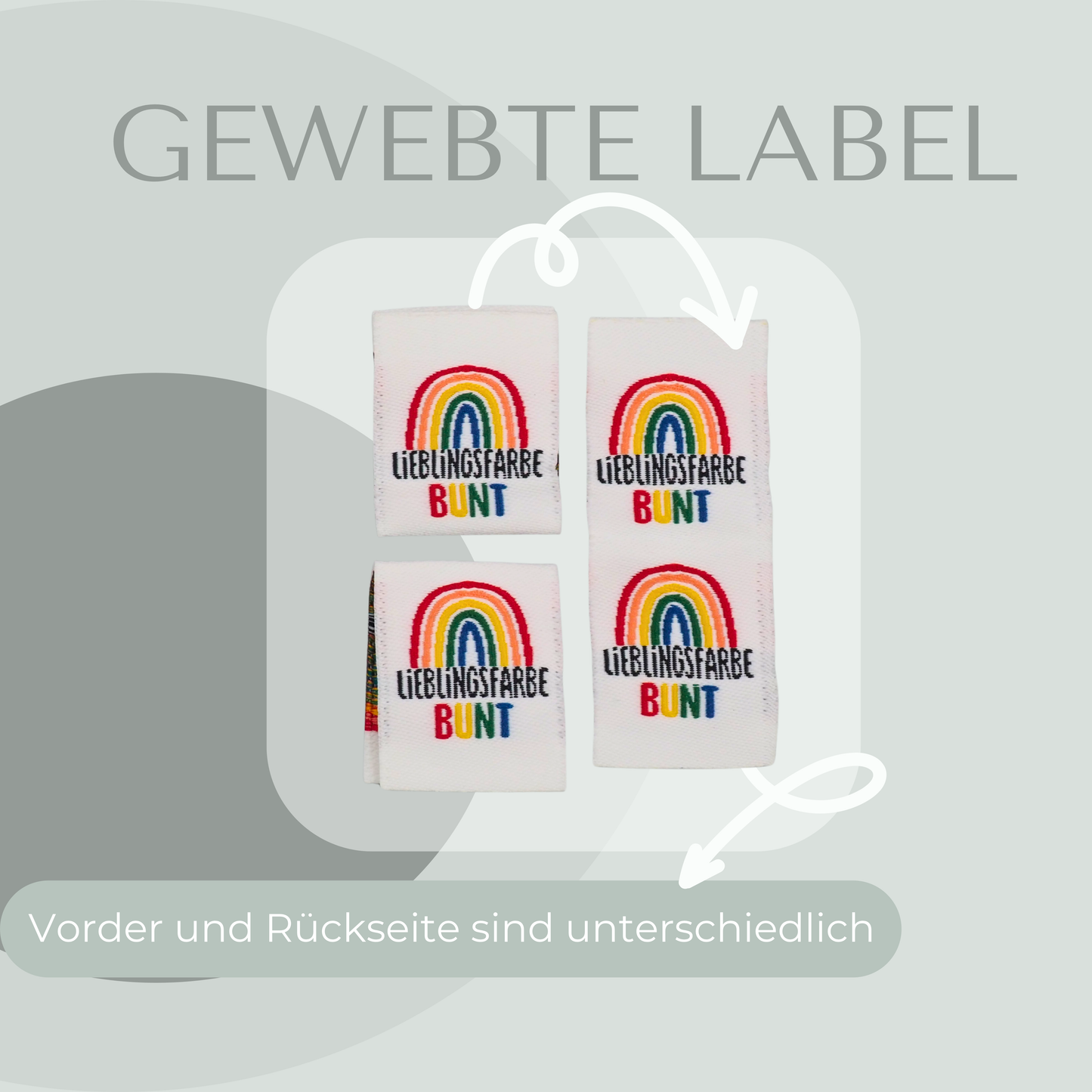  gewebtes Label mit "Lieblingsfarbe Bunt" Aufschrift und einen Regenbogen.