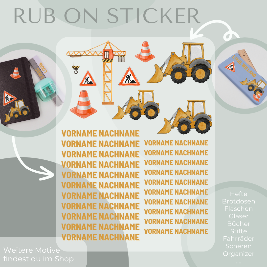 Personalisierte Rub-On Sticker Sets mit Baustellen Motiv.