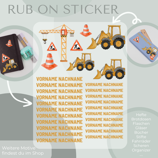 Personalisierte Rub-On Sticker Sets mit Baustellen Motiv.