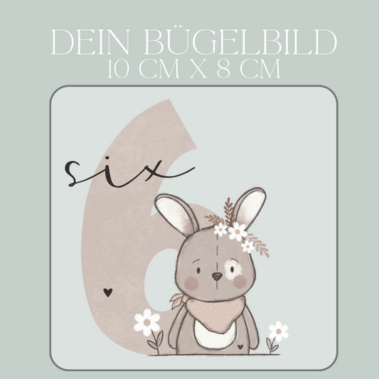 Geburtstagszahl 6 mit Hase - Mini Bügel-Bild Bügelbild Eigenproduktion