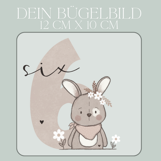 Geburtstagszahl 6 mit Hase - Maxi Bügel-Bild Bügelbild Eigenproduktion