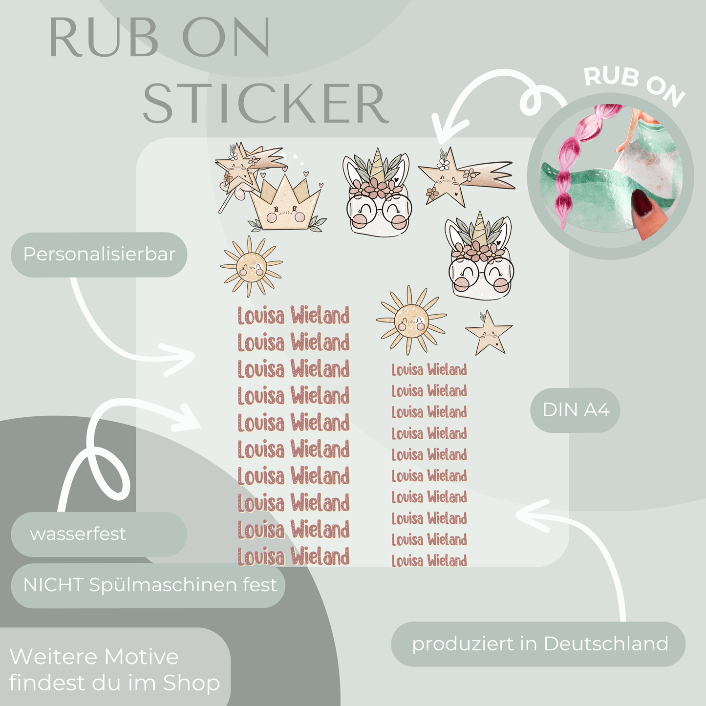 Einhorn Rub-On Sticker Set personalisierbar