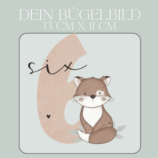 Geburtstagszahl 6 mit Fuchs - Maxi Bügel-Bild Bügelbild Eigenproduktion