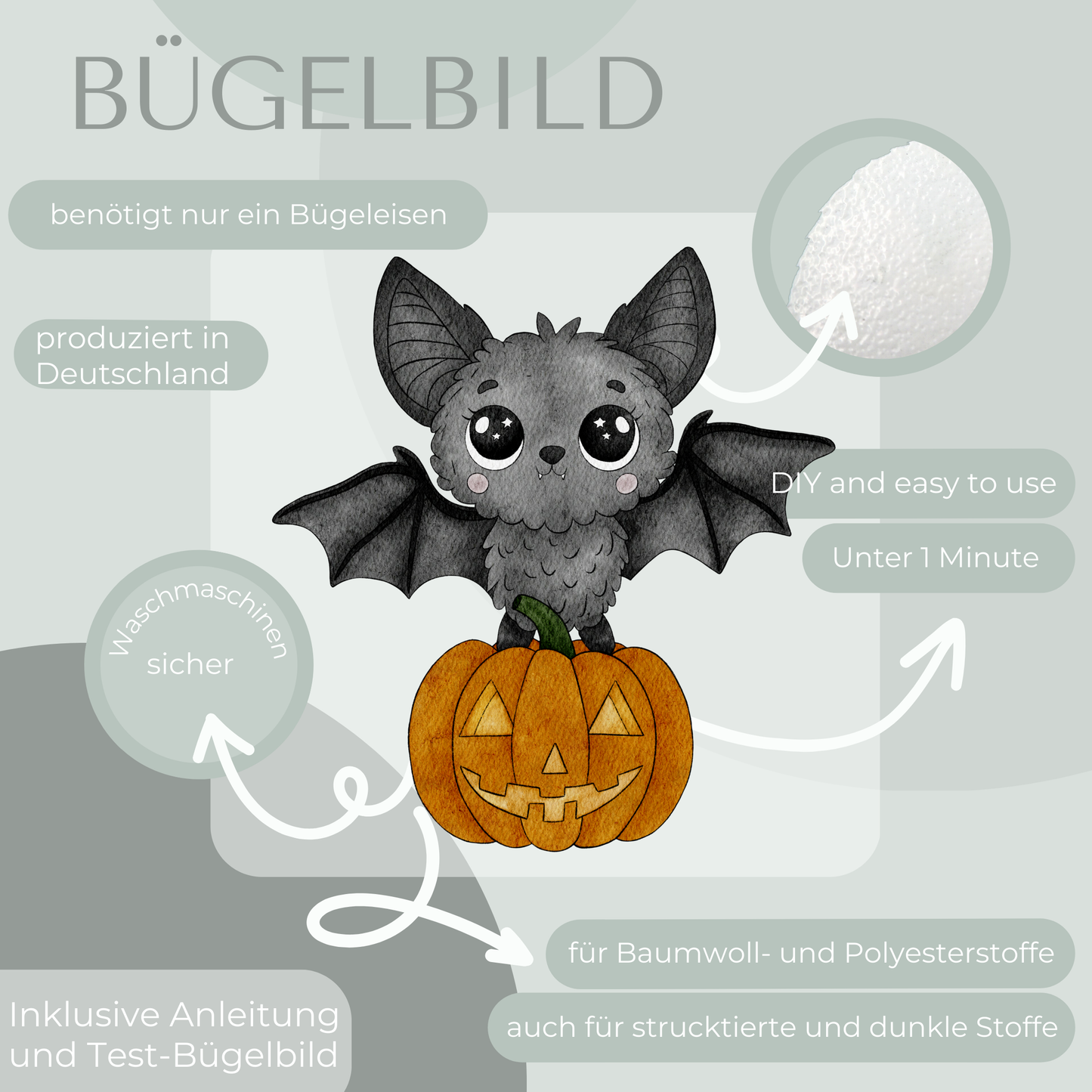 Fledermaus mit Kürbis- Mini Bügel-Bild Eigenproduktion