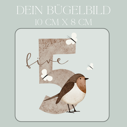 Geburtstagszahl 5 mit Vogel - Mini Bügel-Bild Bügelbild Eigenproduktion