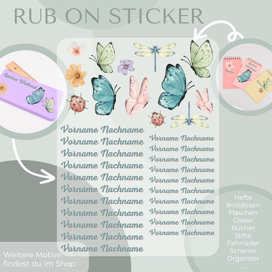 Personalisierte Rub-On Sticker Sets mit Schmetterling Motiv.