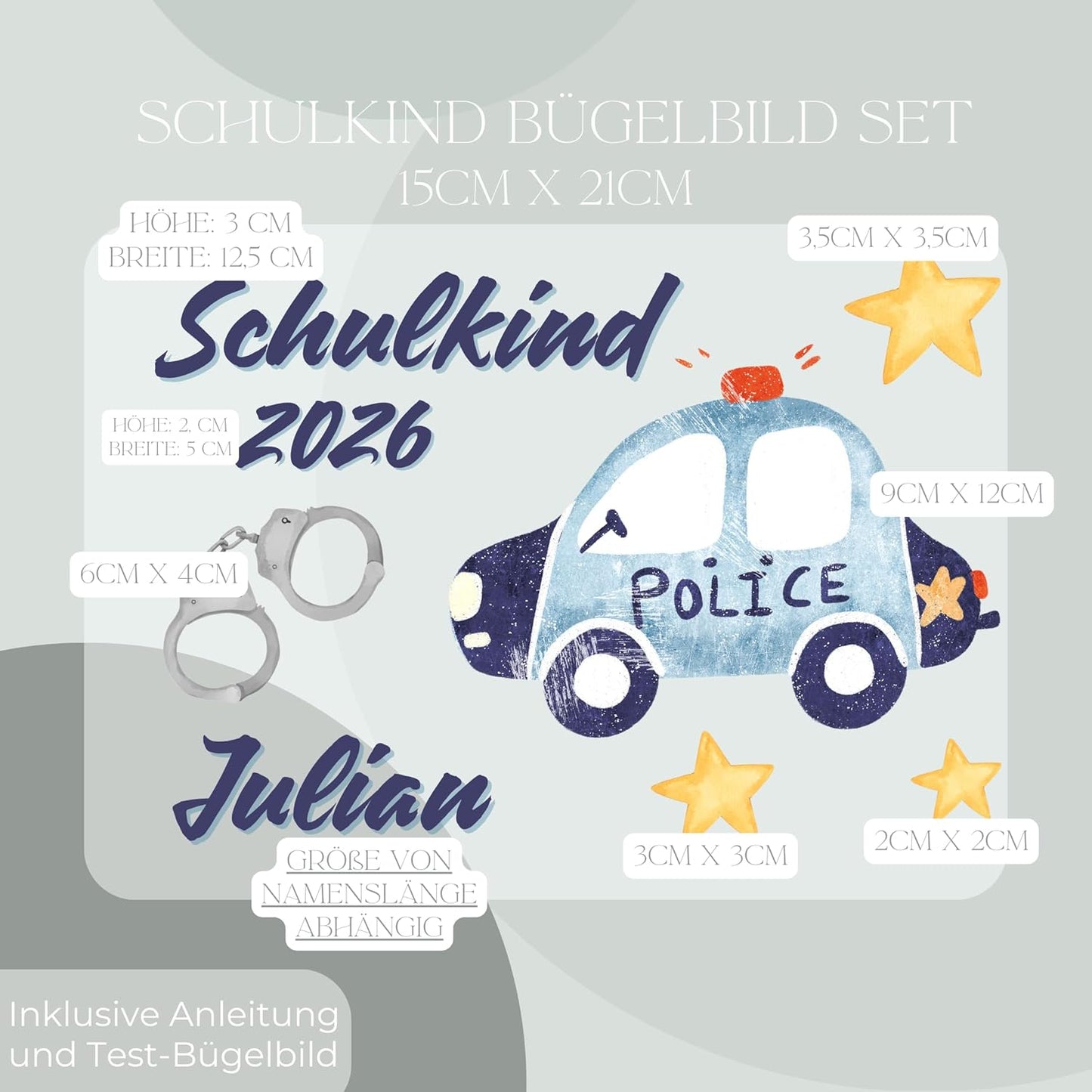 Personalisiertes Bügel-Bild Bügelbild-Set Schulkind 2026 Polizei