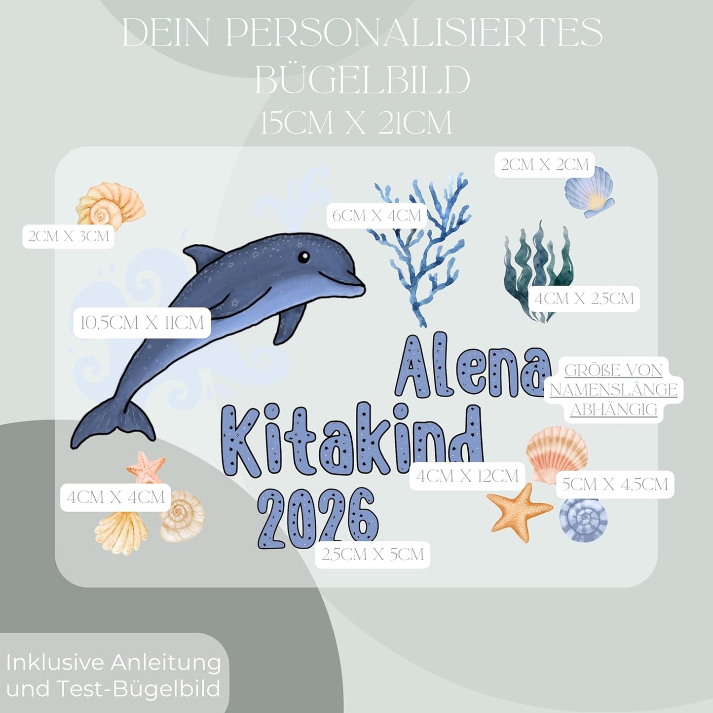 Personalisiertes Bügel-Bild Bügelbild-Set Kitakind 2026 Delfin
