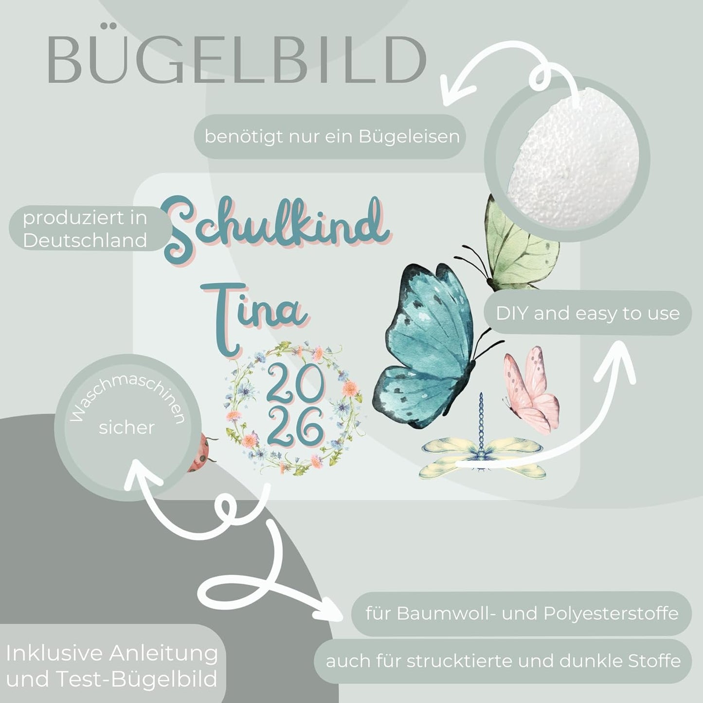 Personalisiertes Bügel-Bild Bügelbild-Set Schulkind 2026 Schmetterling