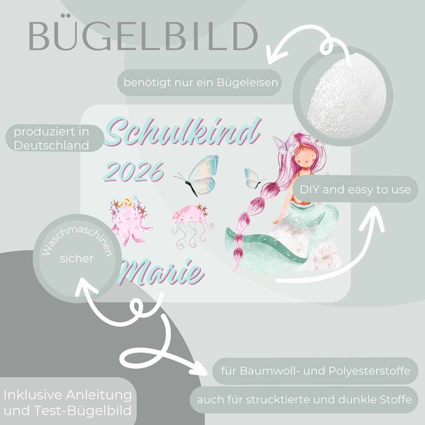 Personalisiertes Bügel-Bild Bügelbild-Set Schulkind 2026 Meerjungfrau II