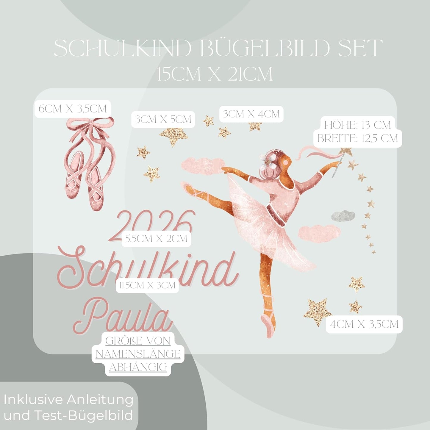 Personalisiertes Bügelbild-Set Schulkind 2026 Ballerina