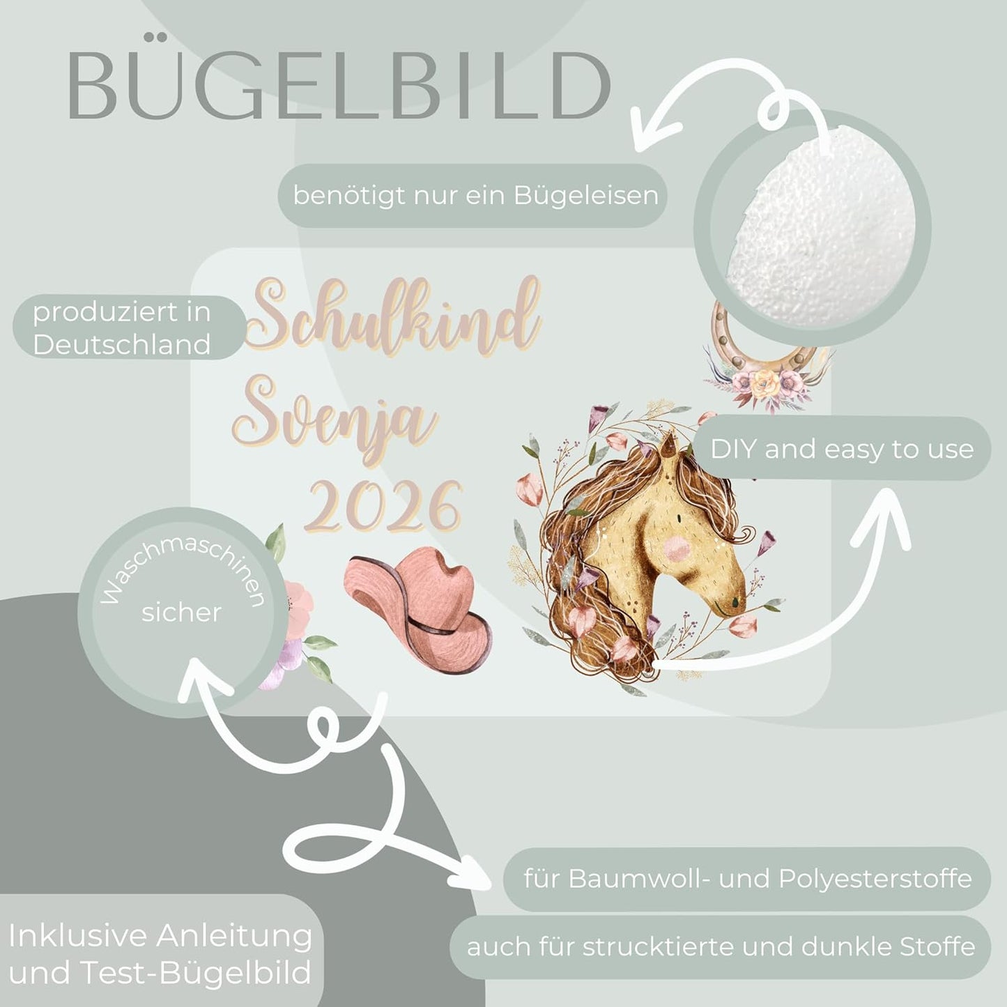 Personalisiertes Bügel-Bild Bügelbild-Set Schulkind 2026 Pferd