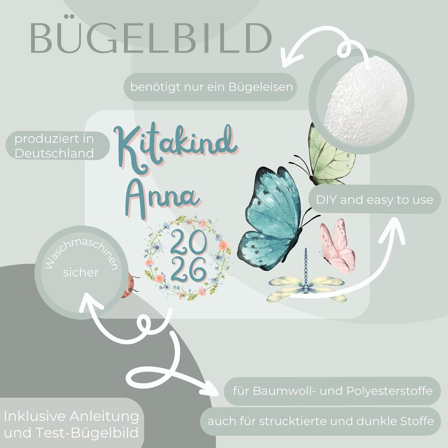 Personalisiertes Bügel-Bild Bügelbild-Set Kitakind 2026 Schmetterling