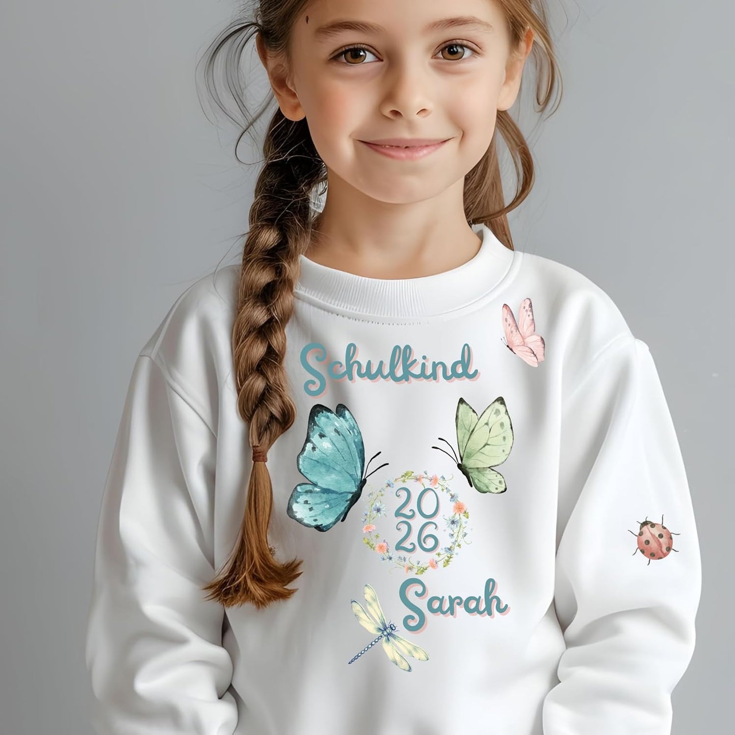 Personalisiertes Bügel-Bild Bügelbild-Set Schulkind 2026 Schmetterling