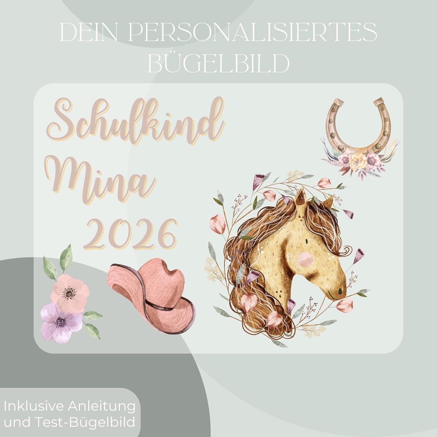 Personalisiertes Bügel-Bild Bügelbild-Set Schulkind 2026 Pferd