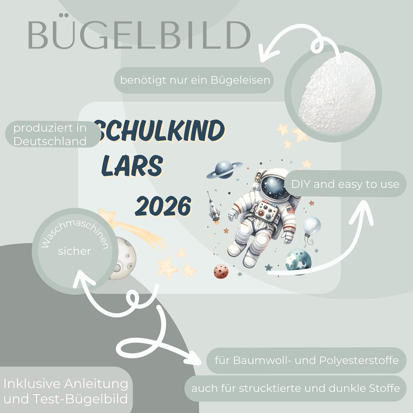 Personalisiertes Bügel-Bild Bügelbild-Set Schulkind 2026 Astronaut