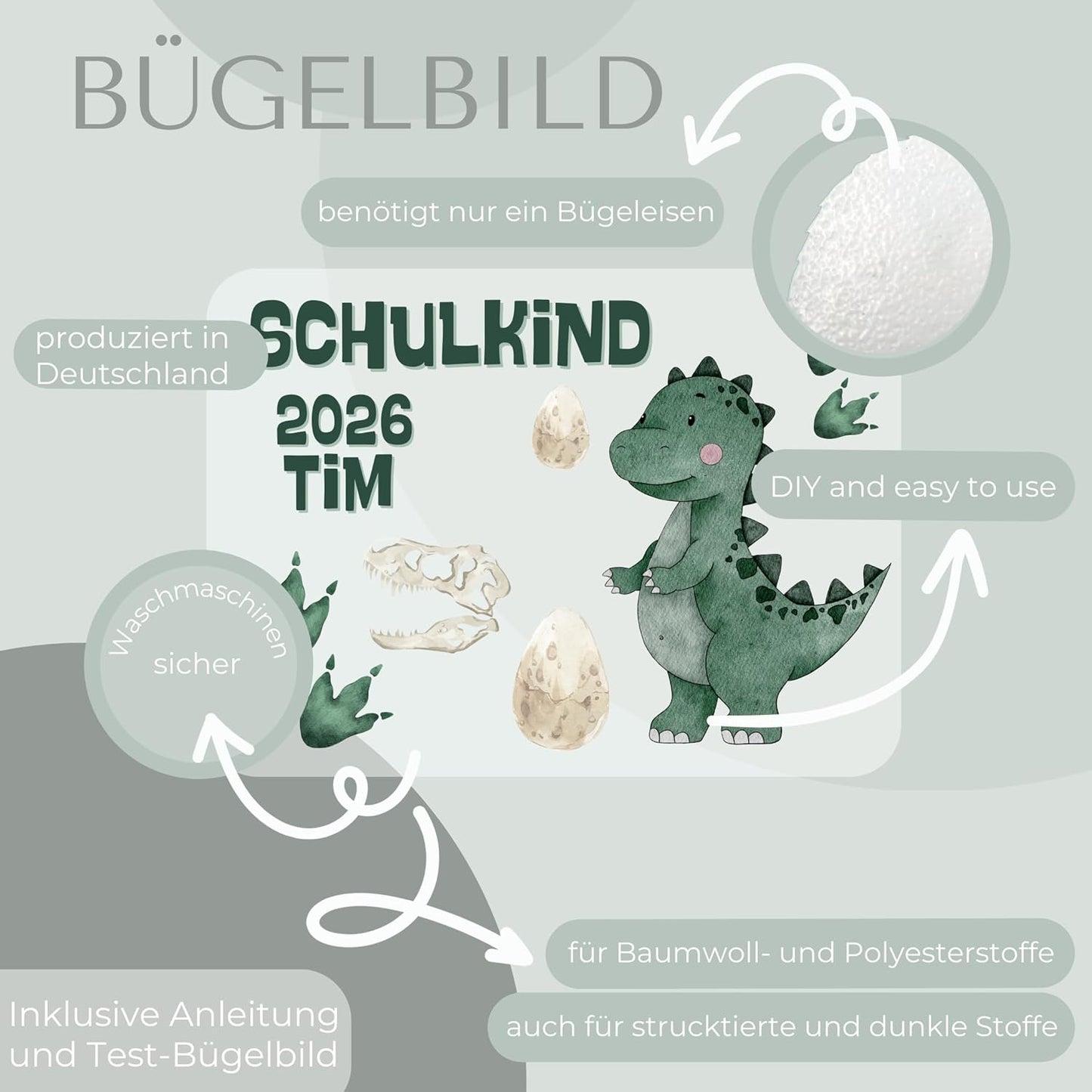 Personalisiertes Bügelbild-Set Schulkind 2026 Dinosaurier