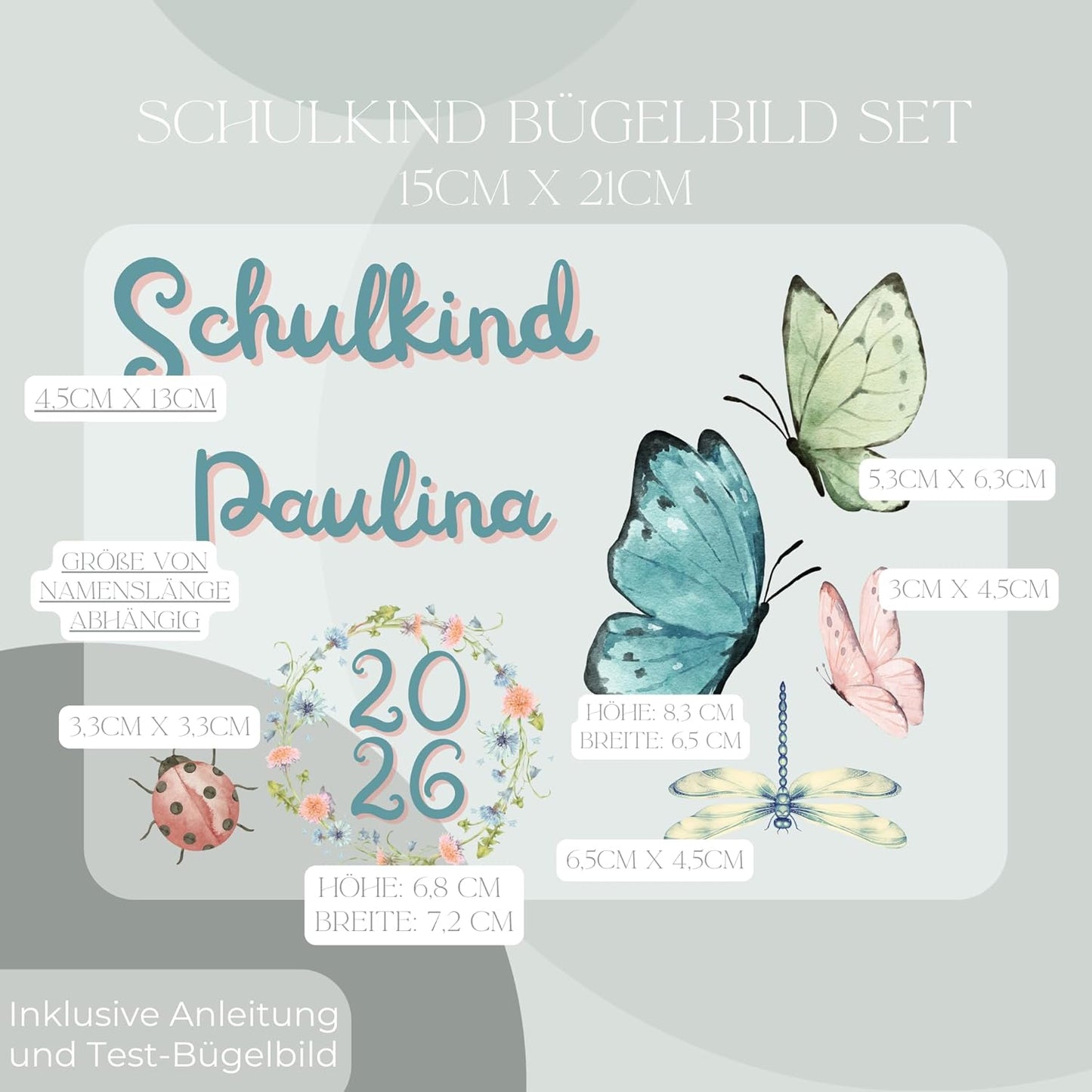Personalisiertes Bügel-Bild Bügelbild-Set Schulkind 2026 Schmetterling