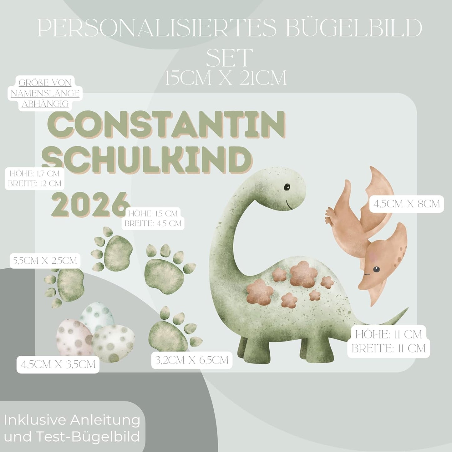 Personalisiertes Bügelbild-Set Schulkind 2026 Dinosaurier