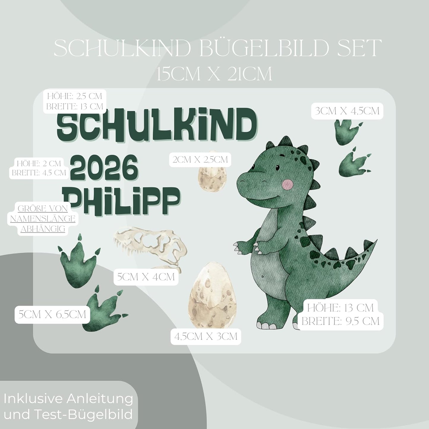 Personalisiertes Bügelbild-Set Schulkind 2026 Dinosaurier
