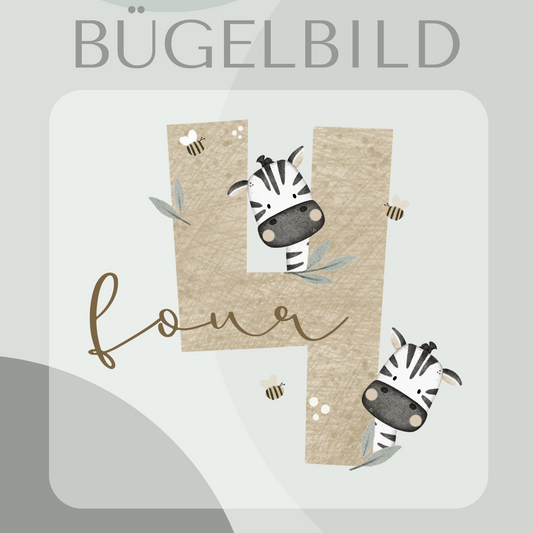 Bügelbild Geburtstagszahl 4 mit Zebra