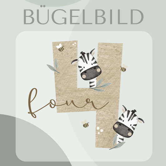 Bügelbild Geburtstagszahl 4 mit Zebra
