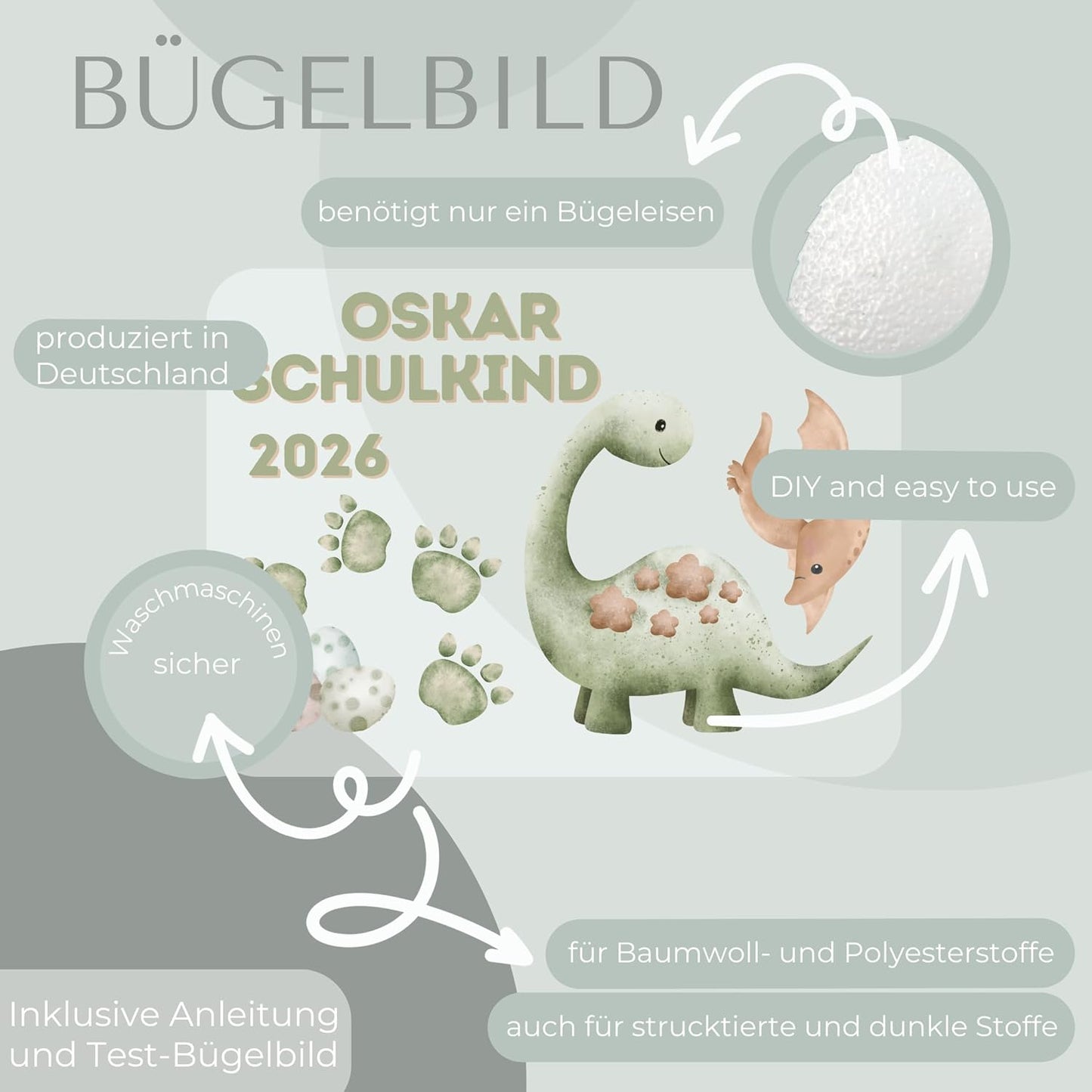 Personalisiertes Bügelbild-Set Schulkind 2026 Dinosaurier