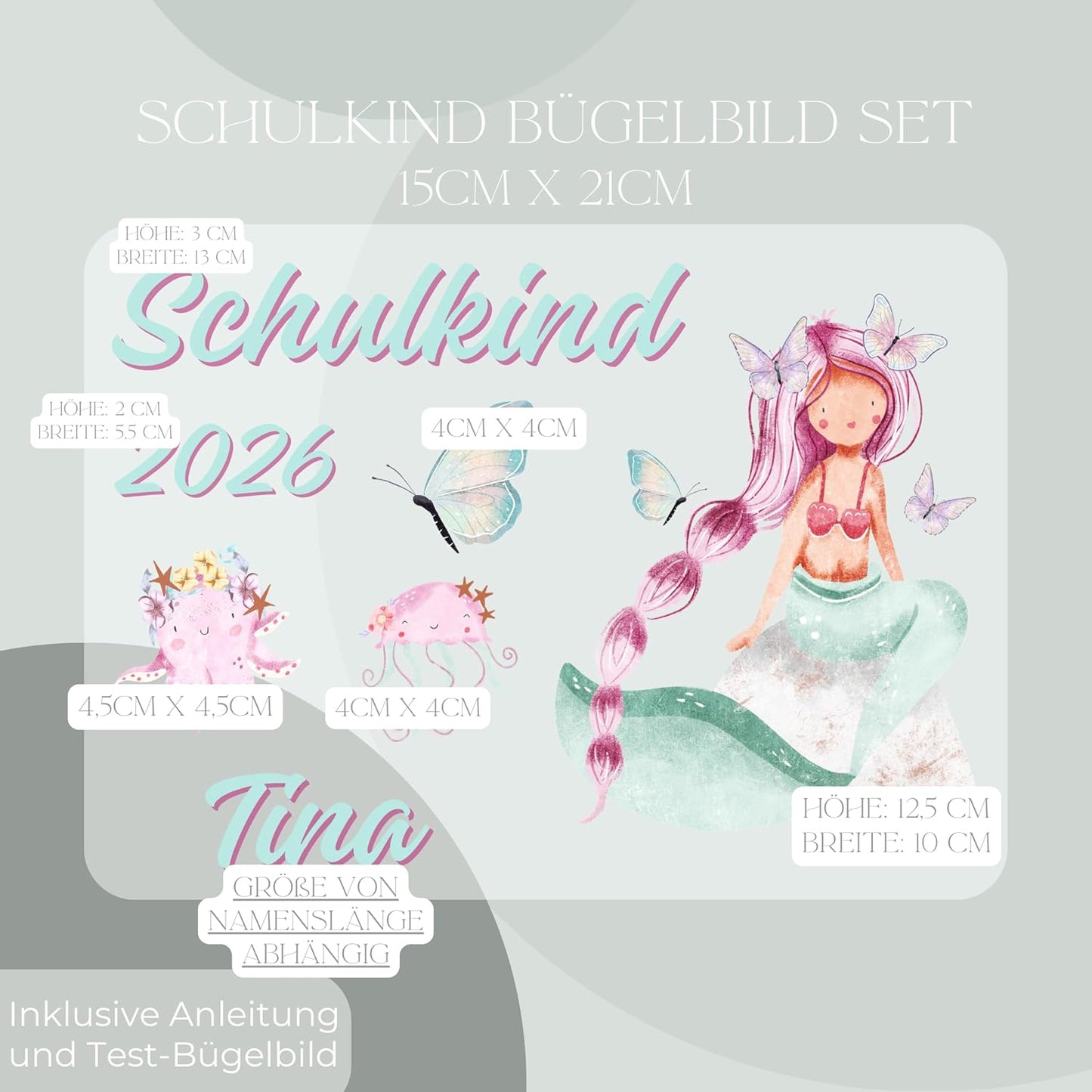 Personalisiertes Bügel-Bild Bügelbild-Set Schulkind 2026 Meerjungfrau II