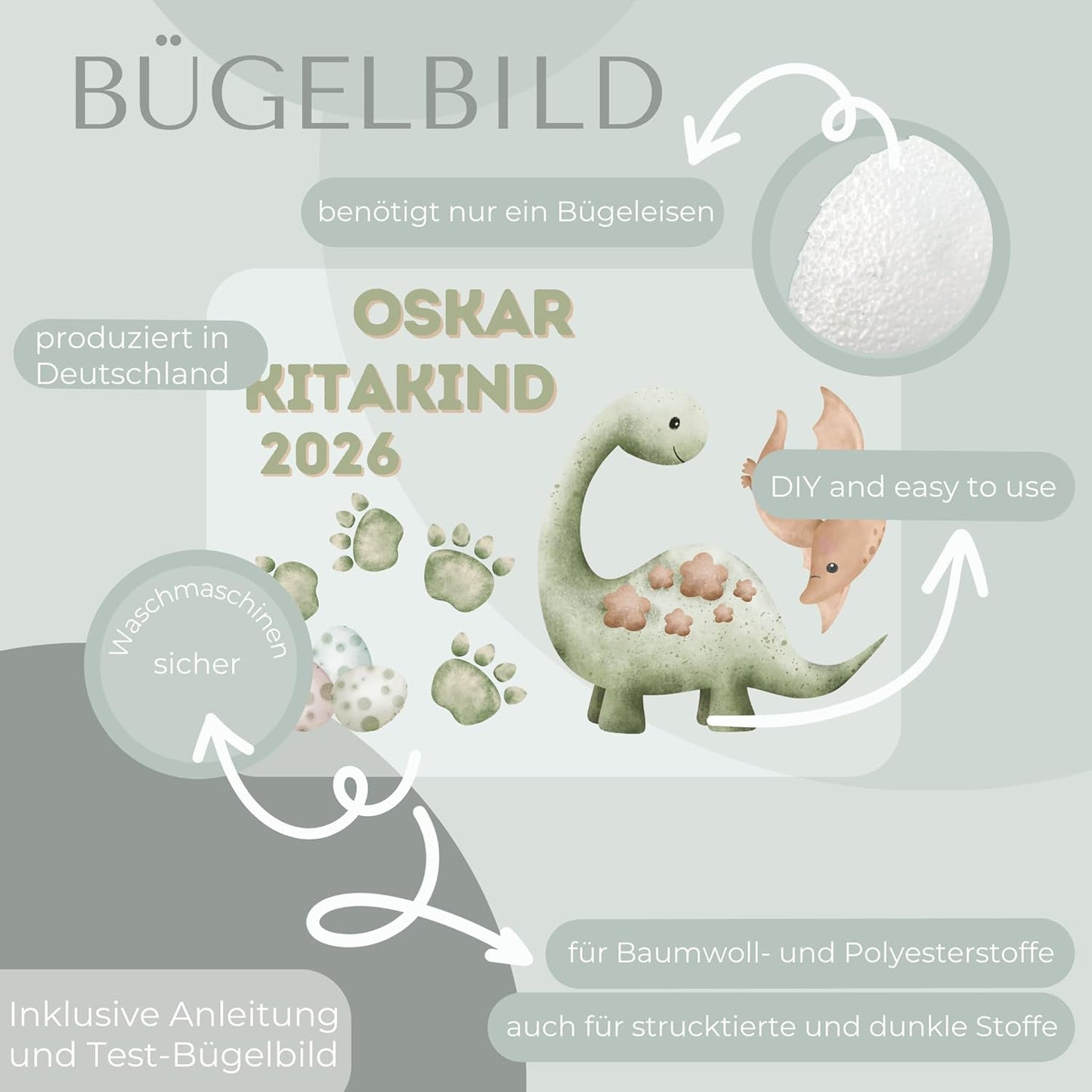 Personalisiertes Bügelbild-Set Kitakind 2026 Dinosaurier