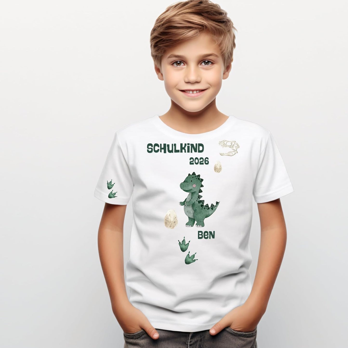 Personalisiertes Bügelbild-Set Schulkind 2026 Dinosaurier