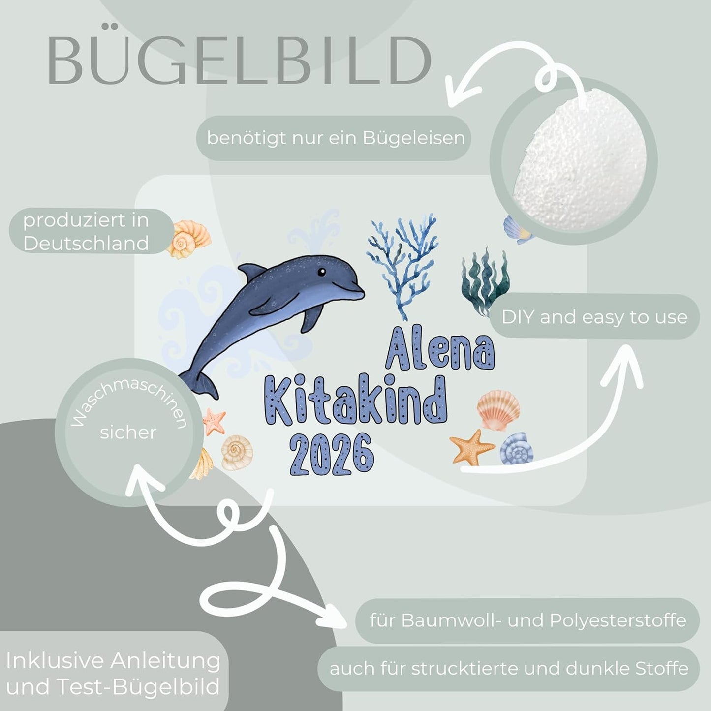 Personalisiertes Bügel-Bild Bügelbild-Set Kitakind 2026 Delfin