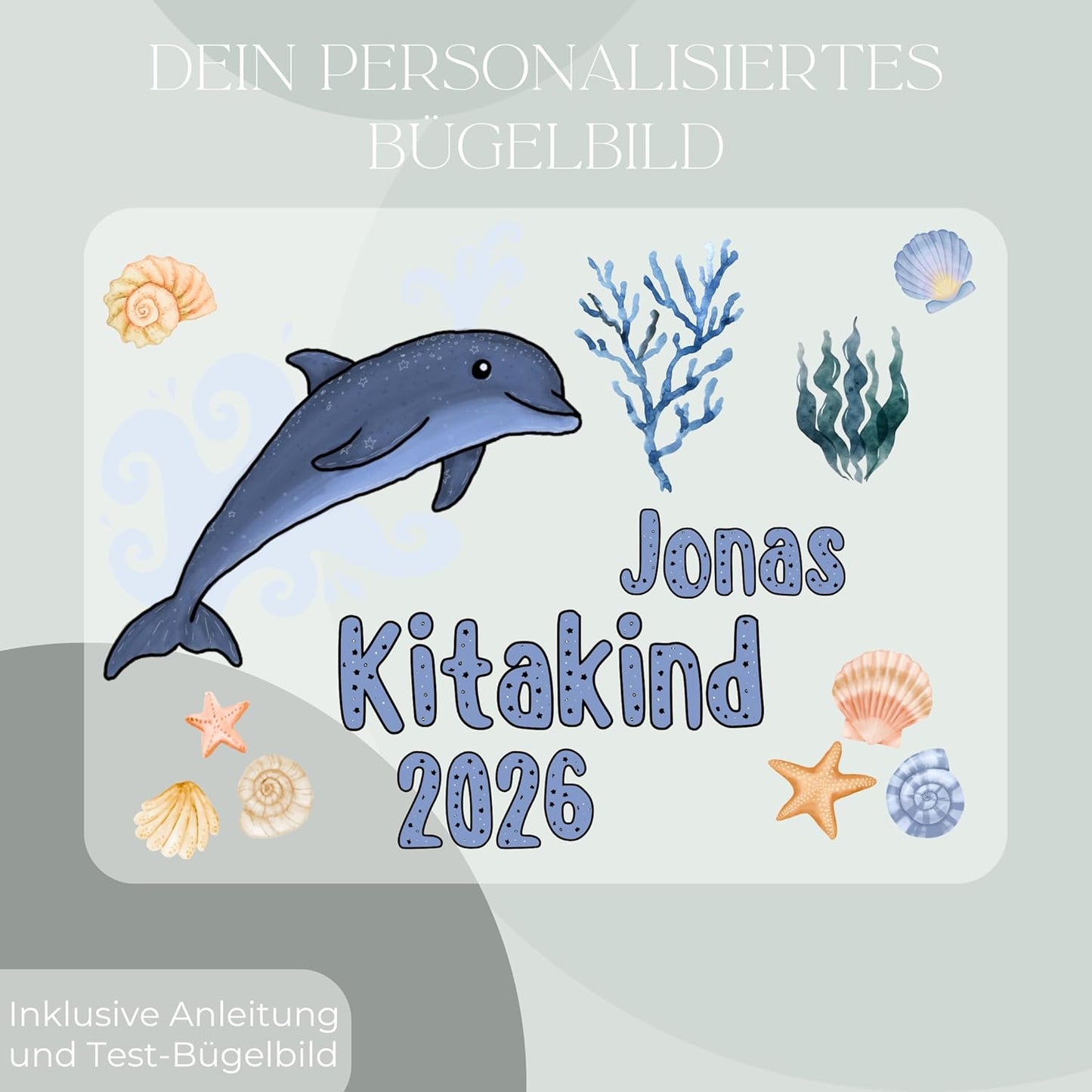 Personalisiertes Bügel-Bild Bügelbild-Set Kitakind 2026 Delfin