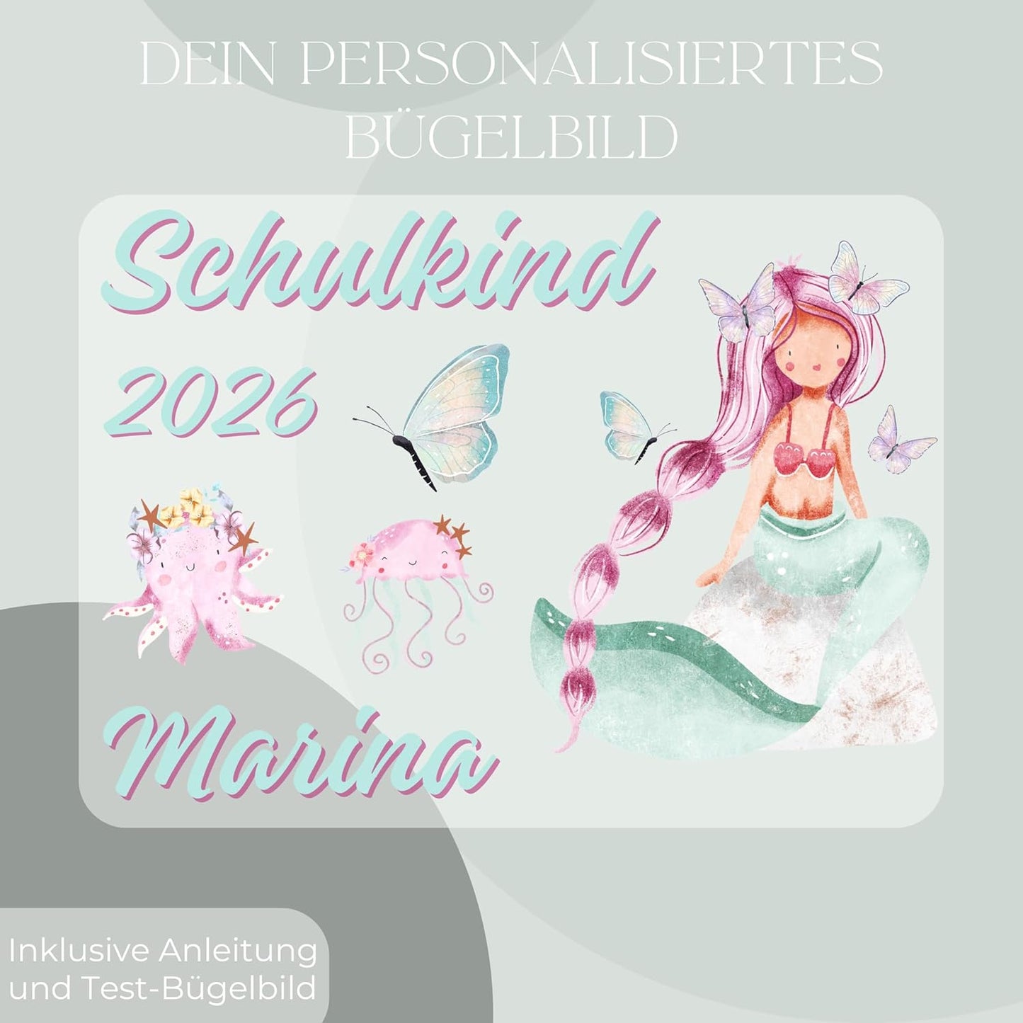 Personalisiertes Bügel-Bild Bügelbild-Set Schulkind 2026 Meerjungfrau II