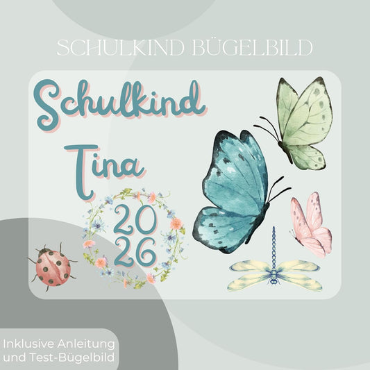 Personalisiertes Bügel-Bild Bügelbild-Set Schulkind 2026 Schmetterling