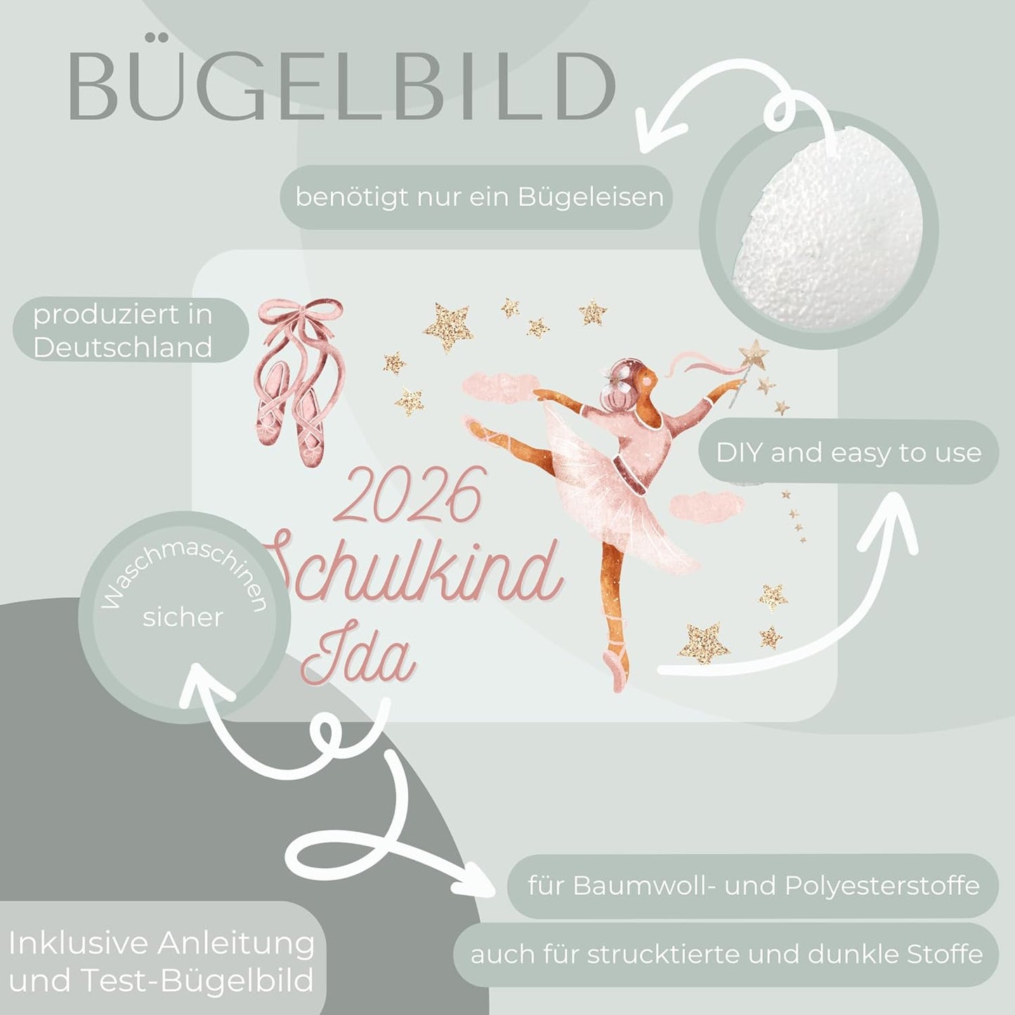 Personalisiertes Bügelbild-Set Schulkind 2026 Ballerina