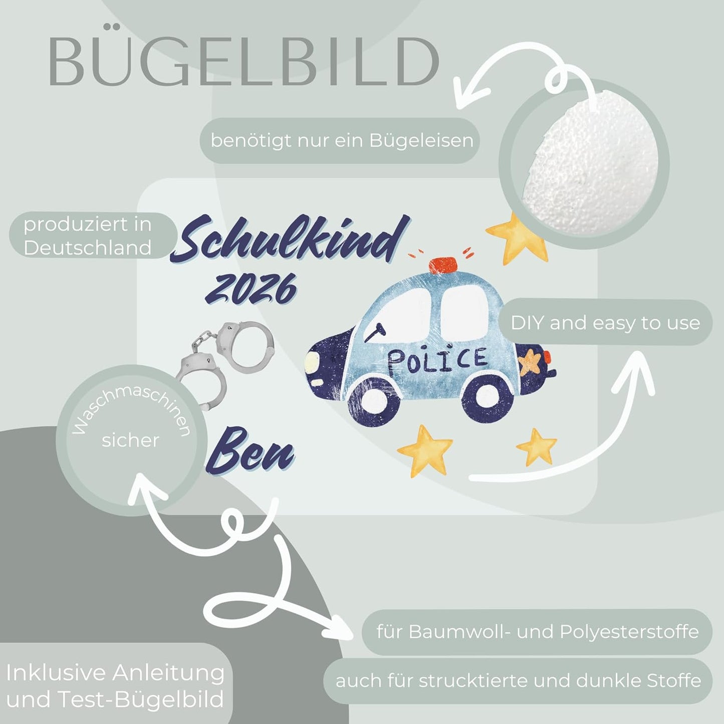 Personalisiertes Bügel-Bild Bügelbild-Set Schulkind 2026 Polizei