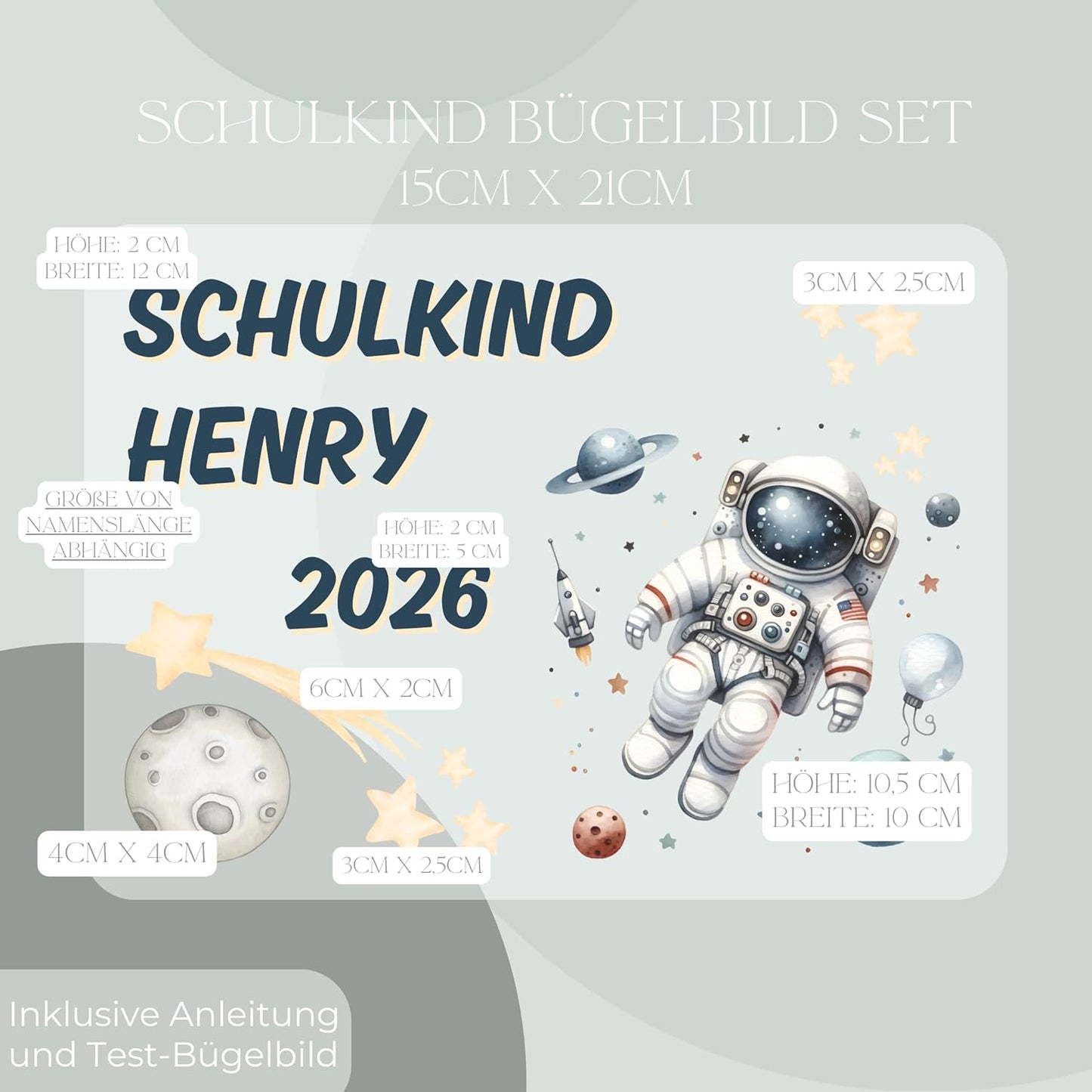Personalisiertes Bügel-Bild Bügelbild-Set Schulkind 2026 Astronaut