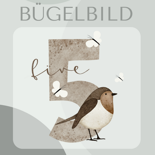 Bügelbild Geburtstagszahl 5 mit Vogel